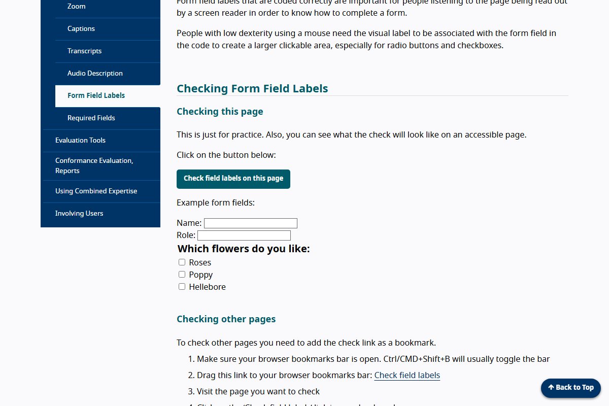 The W3C Easy Checks page about form field labels, with example fields labelled Name and Role and a set of checkboxes.