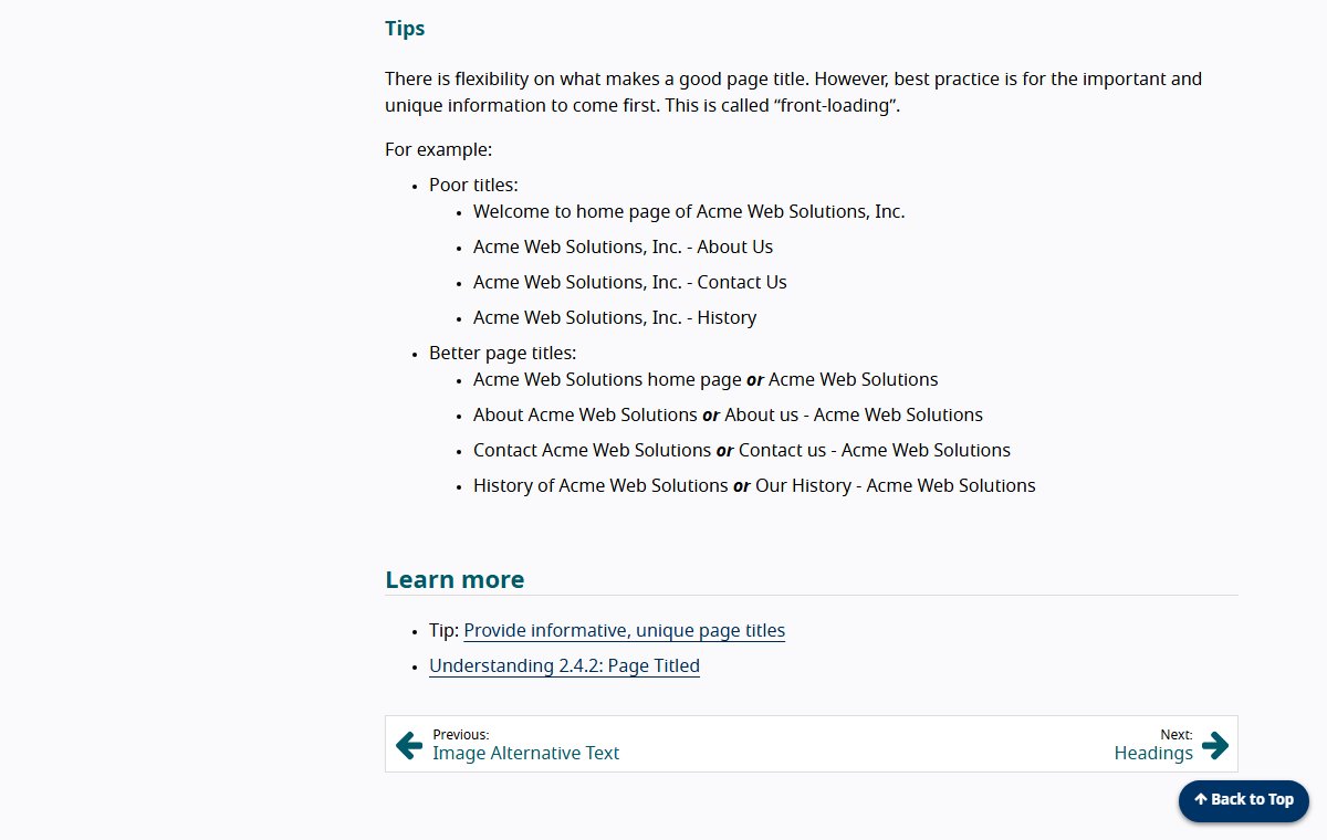 The W3C Easy Checks page about page titles, with a list of poor page titles and better page titles.