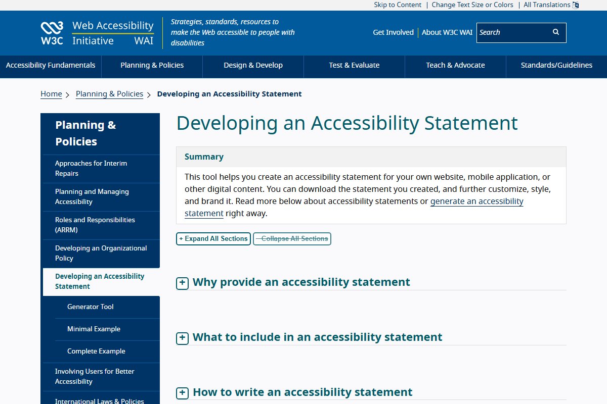 The W3C page Developing an Accessibility Statement. The menu lists a generator tool, a minimal example and a complete example.