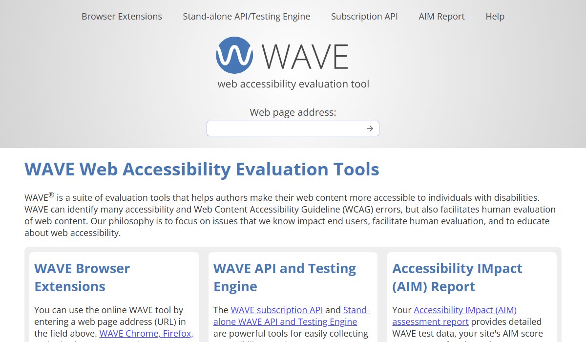 The WAVE Web Accessibility Evaluation Tools home page, with a box to enter a web page address.