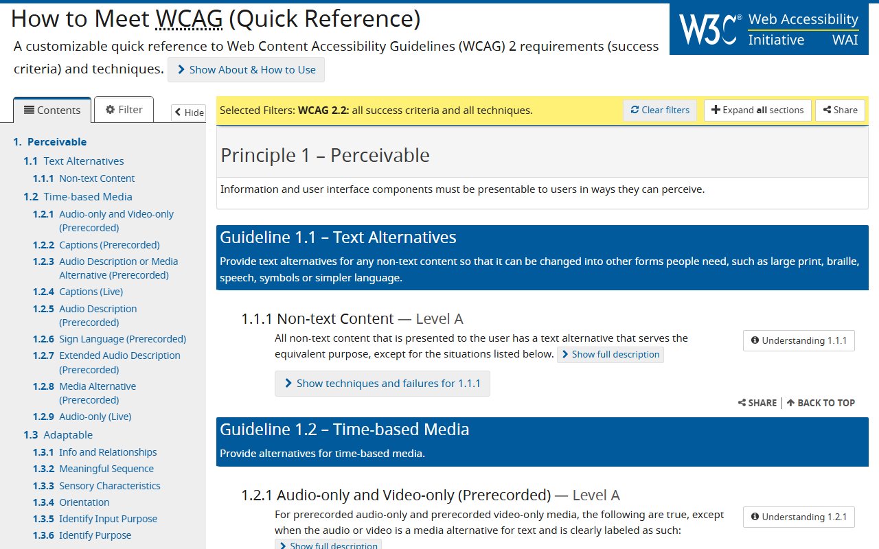 The W3C page How to Meet WCAG (Quick Reference), with filters on the left and the list of guidelines and success criteria on the right.