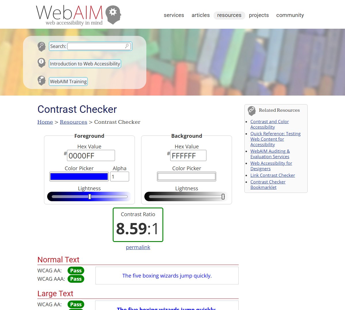 The WebAIM Contrast Checker page. The foreground is 0000FF (blue) and the background is FFFFFF (white). The contrast ratio is 8.59:1, with pass or fail results for WCAG AA and AAA below.